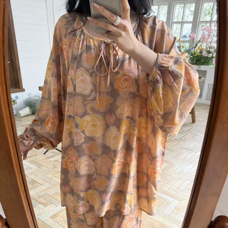 Women's Long Sleeved Cotton and Silk Pajamas Set Lightweight Spring Loungewear Chinese Style Perfect Air Conditioning Large Size