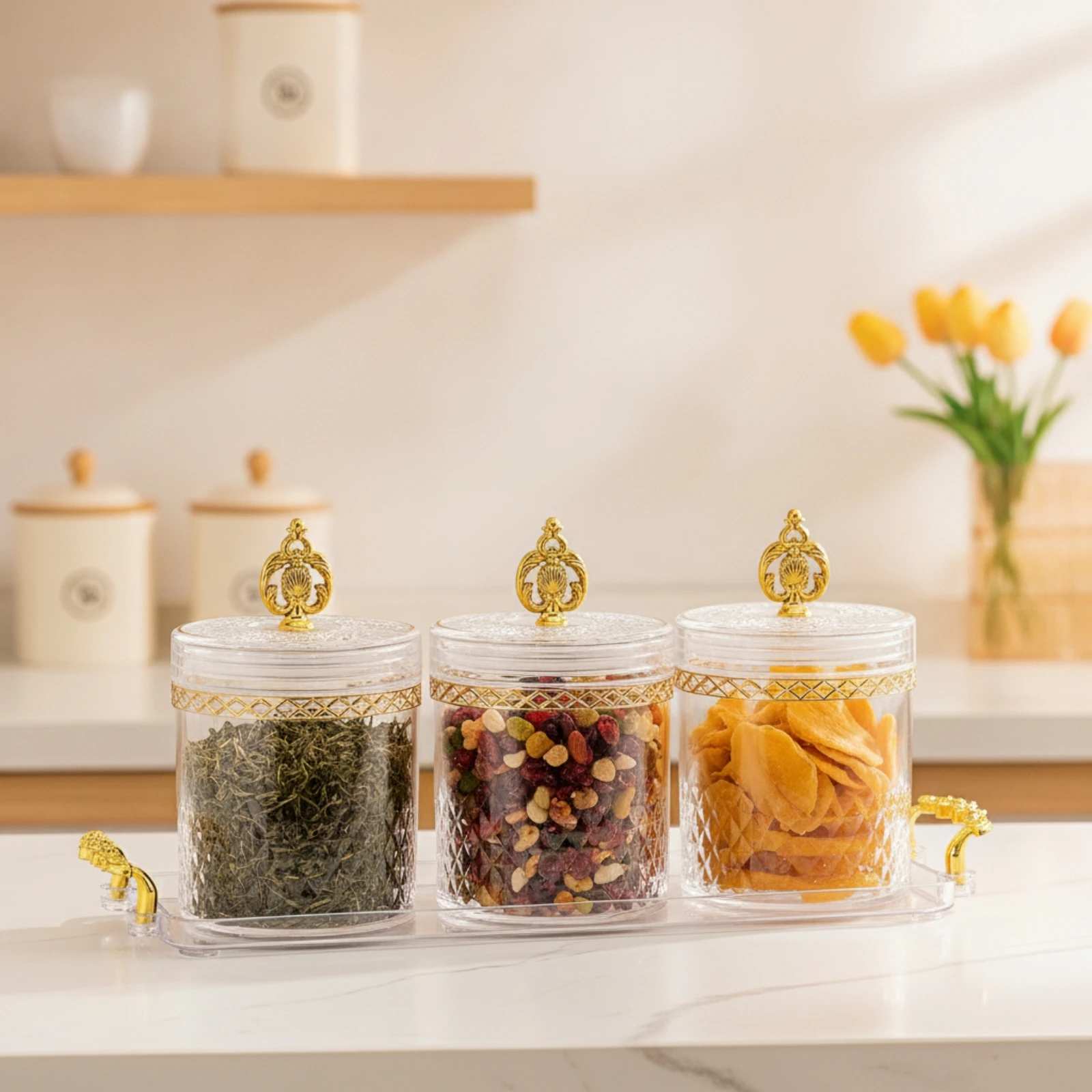 Food Storage Set Glass - 3 Pieces Canister Set with Tray
