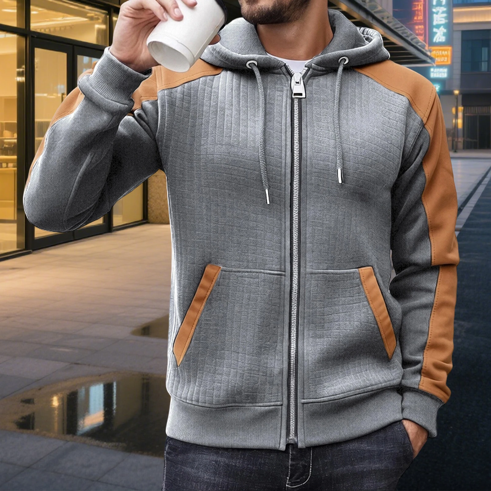 

Streetwear Men’s Zip up Sweatshirts Long Sleeve Drawstring Hooded Casual Contrast Color Fleece Lined Jacket