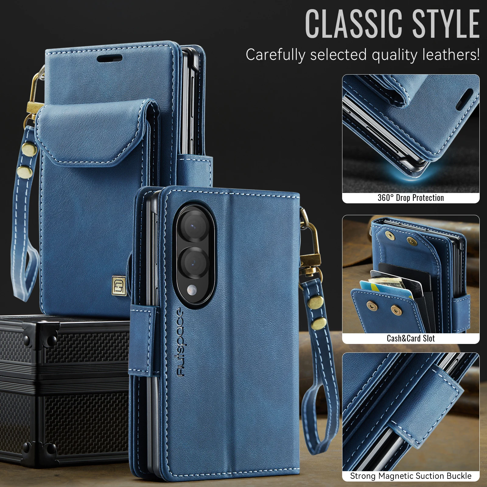 A23 Wallet Phone Case For Samsung Galaxy Z Fold 8 PU Leather Flip Cover 3 Card Slots Cash Pocket Hinge Full Protection Magnetic