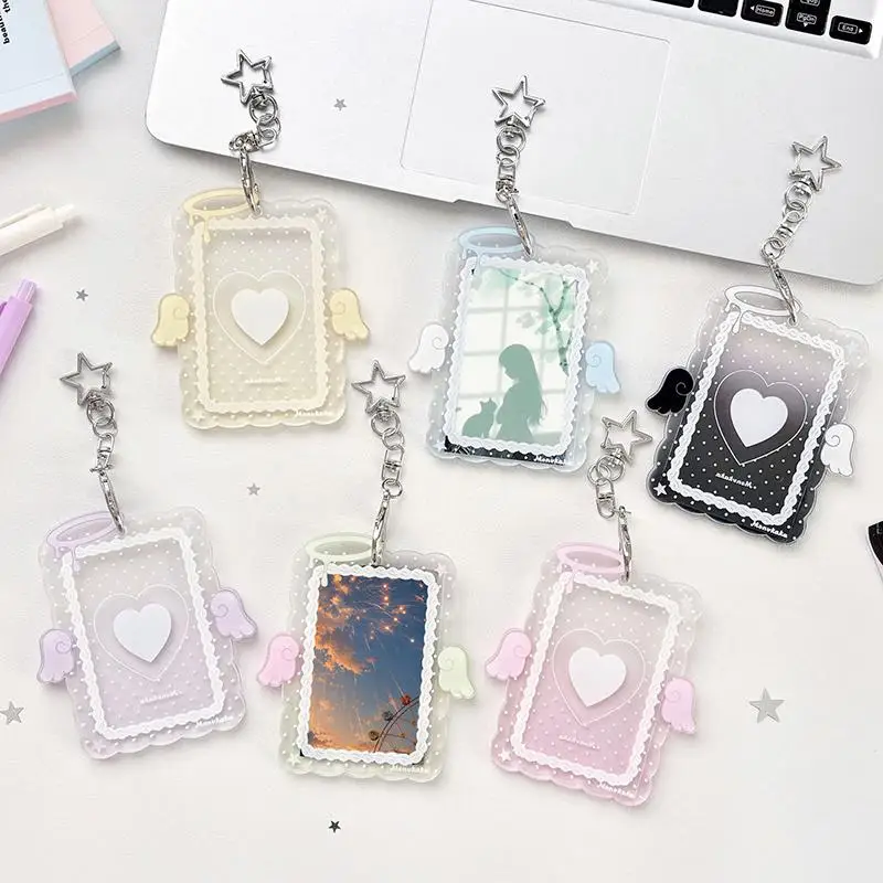 1Pcs 3 Inch Transparent Acrylic Photocard Holder Cartoon Angel Wing Star Keychain For Kpop Photos ID Cards
