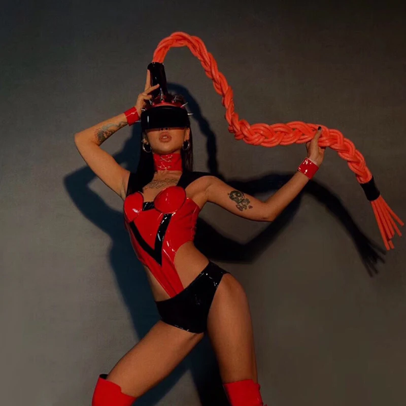 ナイトクラブゴーゴーダンス服セクシーなクラブウェアリベット帽子ドラッグクイーンコスチューム Pu レザーボディスーツカーニバルレイブ衣装 yj461