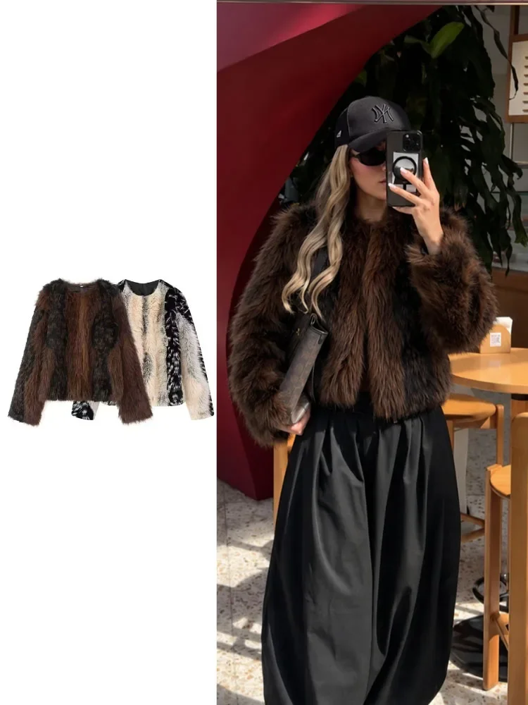 Nouvelle veste en fausse fourrure élégante et luxueuse pour femme, coupe courte à col rond, blocs de couleurs, sophistiquée, chic pour dîner, vêtement d'extérieur raffiné et chaud pour l'hiver