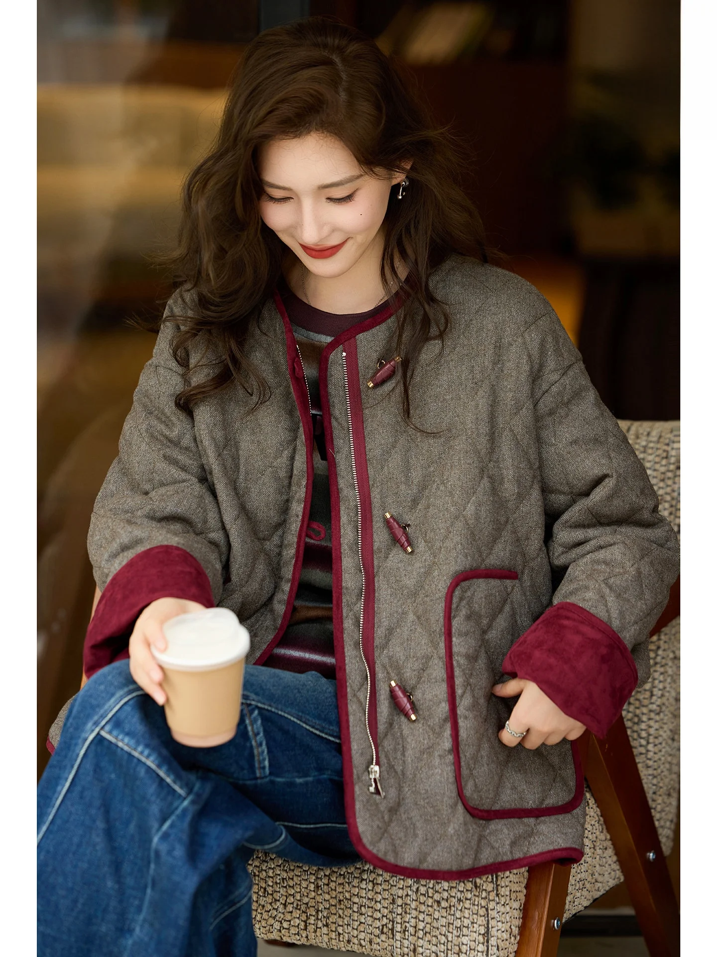 

Thiened Winter Coat Women's Faion Color Blo Diamond Pattern Woolen Cotton Jaet Street Sle round Ne Single Button ...