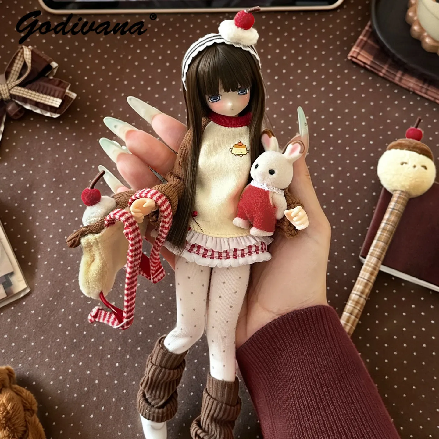 Original Japanese Style Kawaii Knit Doll Outfit Set, Fit for Special 6 BJD, Azone, OB22, OB24, Doll Dress and Doll Bag Sets