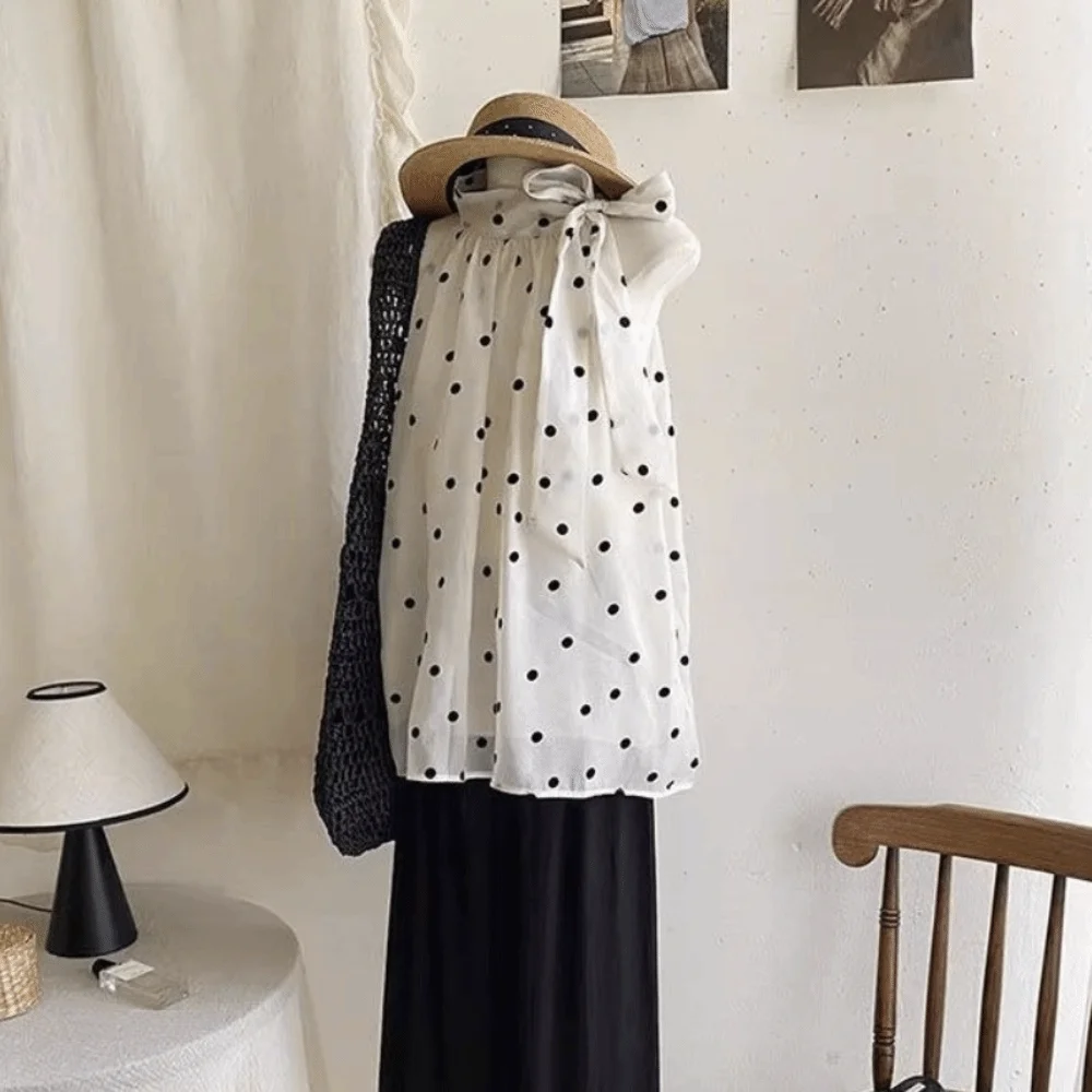 

Creative Bow Polka Dot Shirt Retro Y2k Women's Puff Shirt French Style Gentle Chiffon Shirt Lady