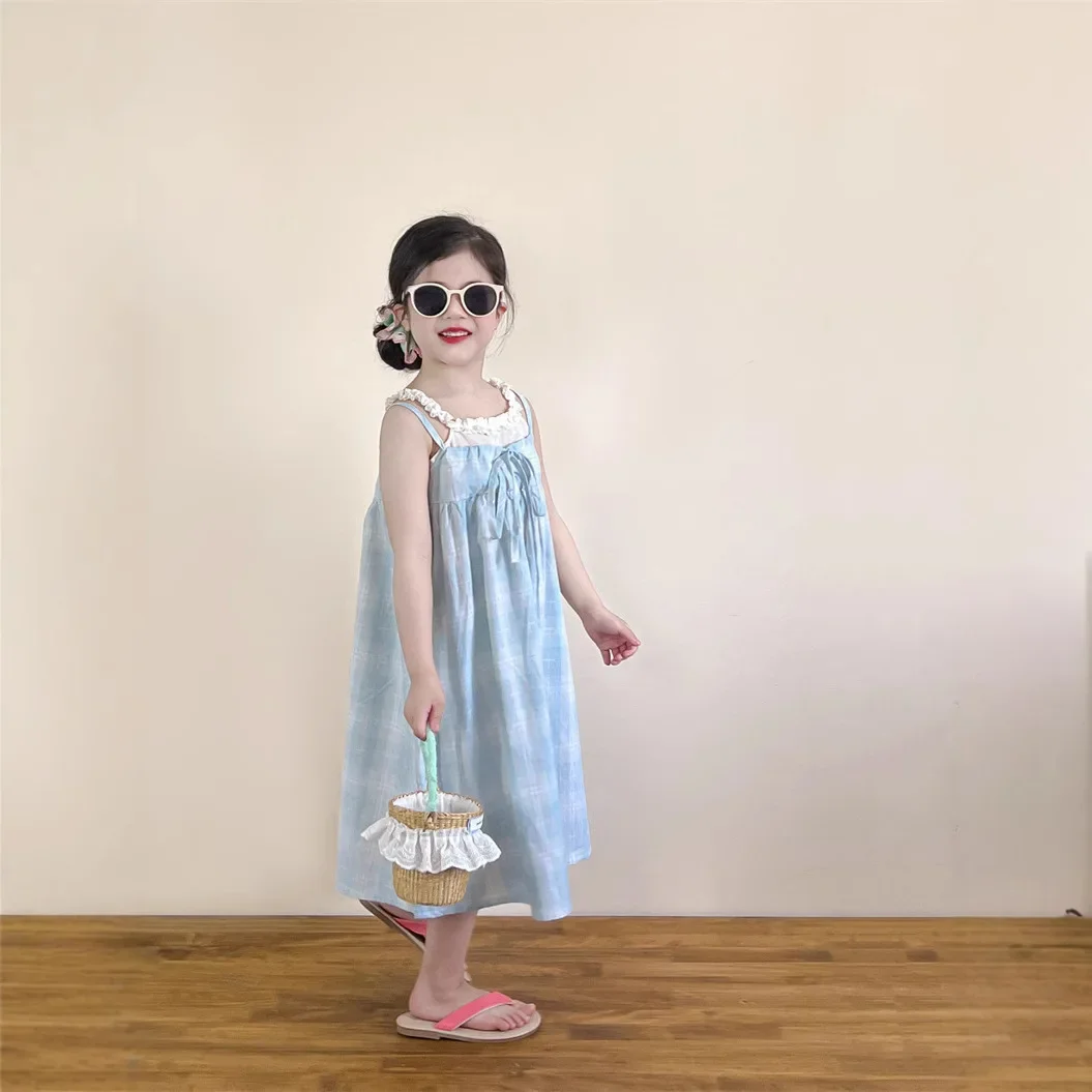 Girls Skirt 2026 Summer New Childrens Clothing Girl Baby Gentle Sweet False Two French Plaid Wooden Ear Side Halter Skirt