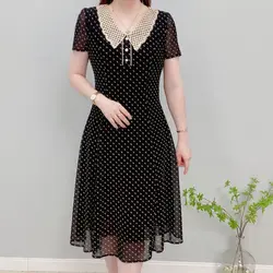 Office Lady Stylish Sweet Peter Pan Collar Dresses Female Clothing Casual Printed Summer Short Sleeve A-Line Waist Midi Dress