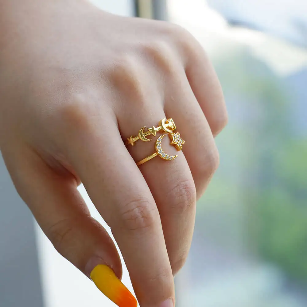 Women's Adjustable Zircon Star Moon Ring, Gold Color