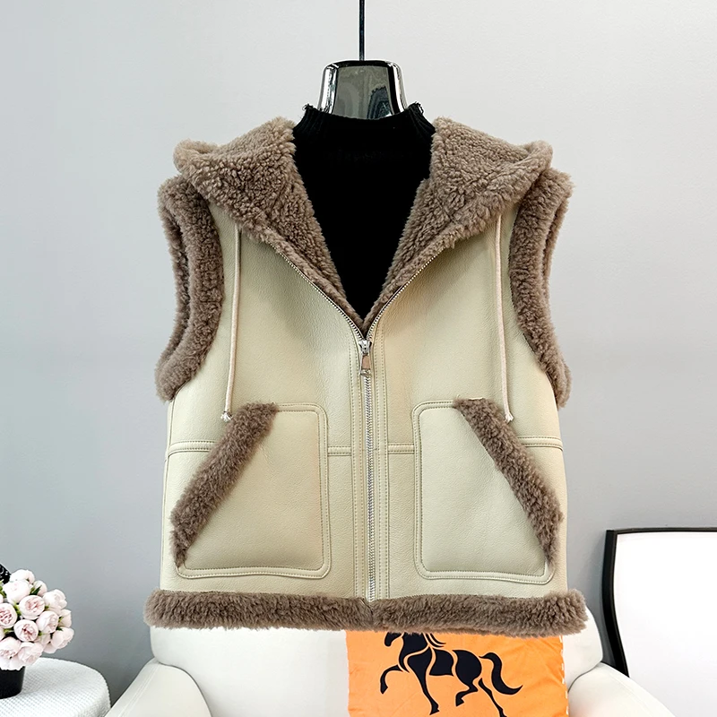 Lamb's Wool Vest Female 2023 Fall New Fashionable Outside Wearing Hooded Sheep Shearling Sleeveless Fur Coat JT3457