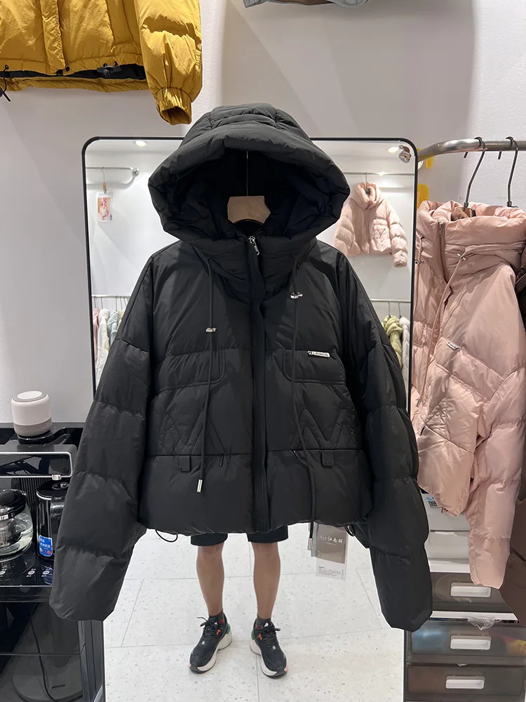 Fashion hooded drawstring down jacket women 2025 new Korean version short style and versatile casual white duck down jacket