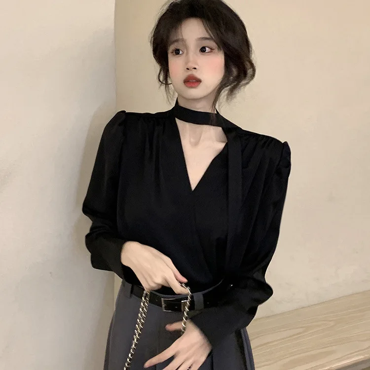 

Women’s French Halter Neck Blouse with Tie Front, Elegant Long Sleeve Shirt, Premium Spring Autumn Casual Top