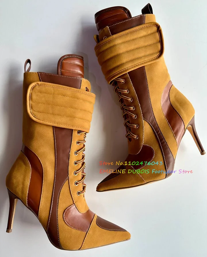 Mehrfarbige Sexy Spitze Zehen Mittlere Waden Stiefel Frauen Leder Stiletto Ferse Lace Up Seite Zipper Winter Neue Patchwork Motorrad Boot