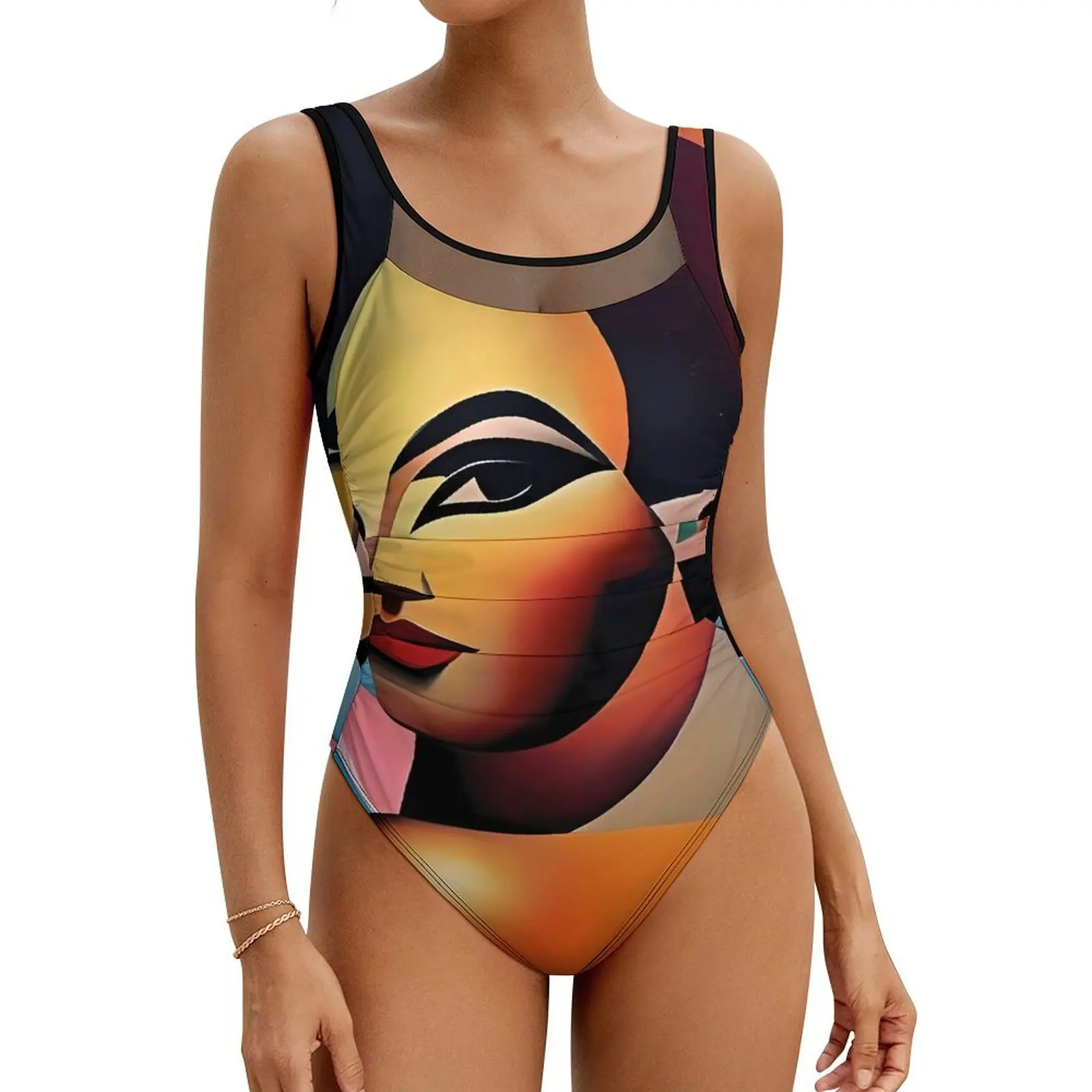 

Lady Face Art Board Swimsuit Cubist Style Swimwear One Piece Bath Bodysuit Backless Bathing Suit Female Push Up Sexy Beachwear