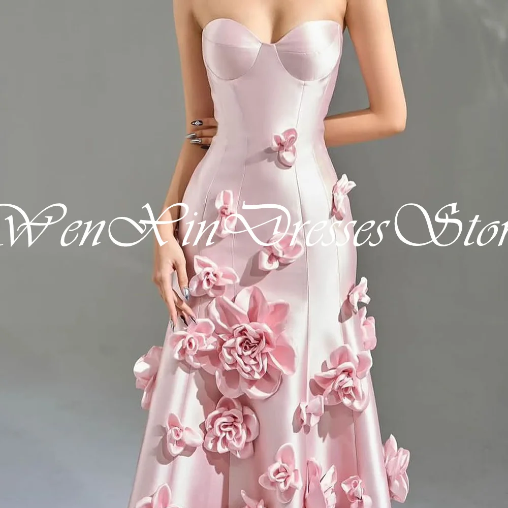 Elegant Party Dresses Woman 2024 Sweetheart 3D Flowers Sweetheart Satin Straight Pleats Strapless Solid Color Bridesmaid Gowns