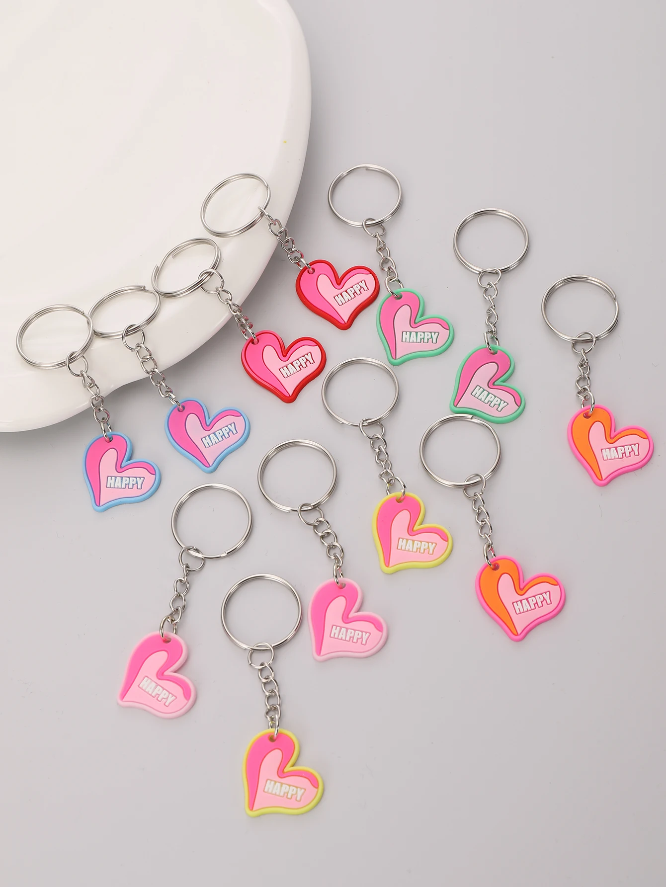12pcs Letters Happy Heart Keychain Cute Pink PVC Key Chain Ring Bag Backpack Charm Birthday Valentine\'s Day Party Decor Gift