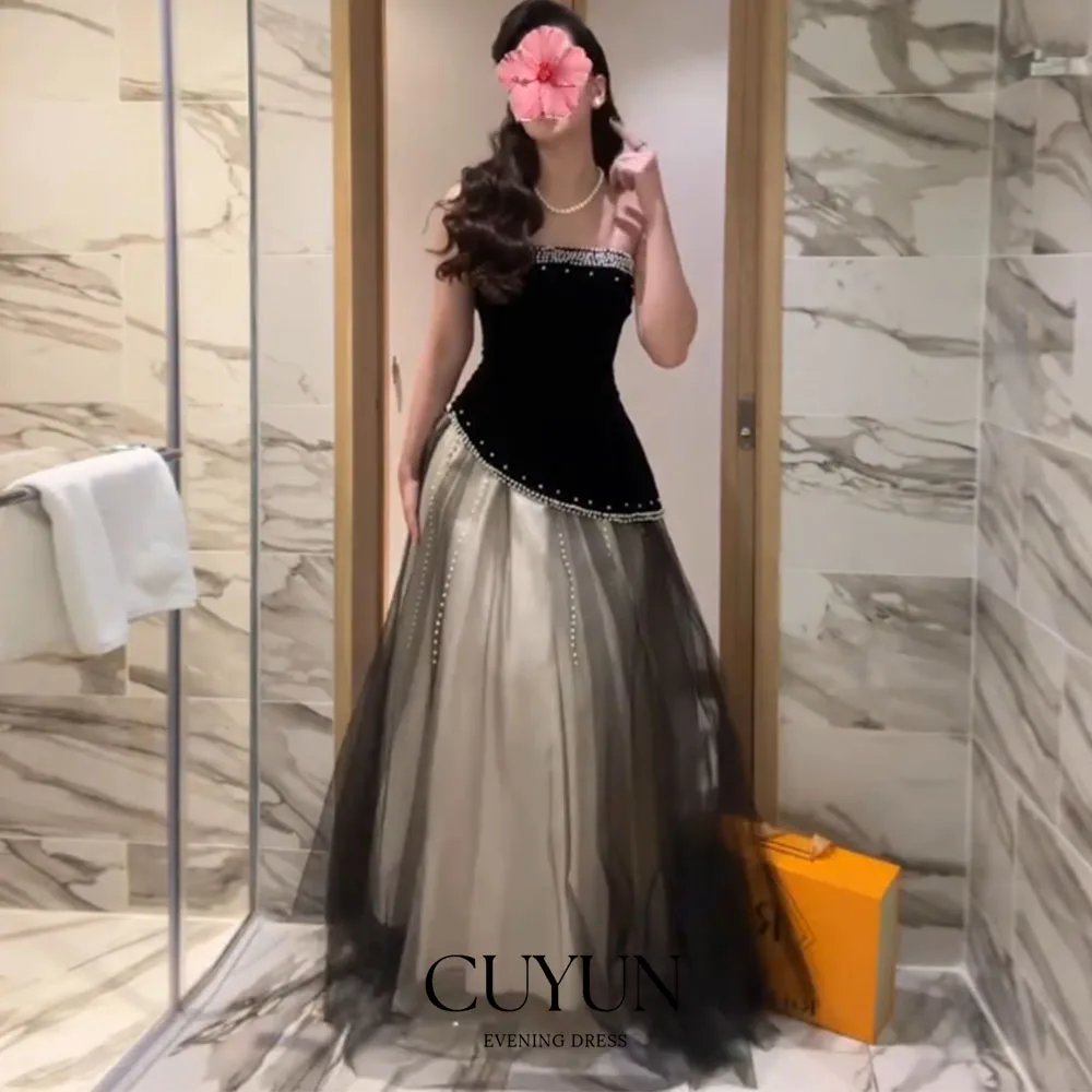 

CUYUN Saudi Dubai Luxury Women Evening Gown Black and Grey Long Prom Dresses Strapless Beading Customized Birthday Party Dresses