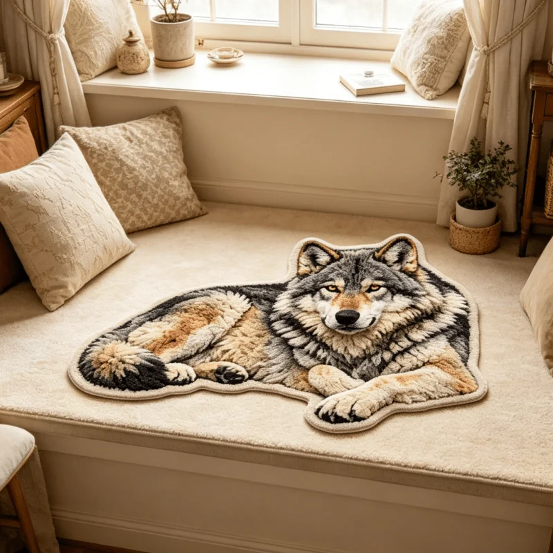 VIKAMA Simulation Wilderness Grey Wolf Alien Plush Carpet Bedroom Bedside Floor Mat Foyer Japanese Style Entrance Foot Mat