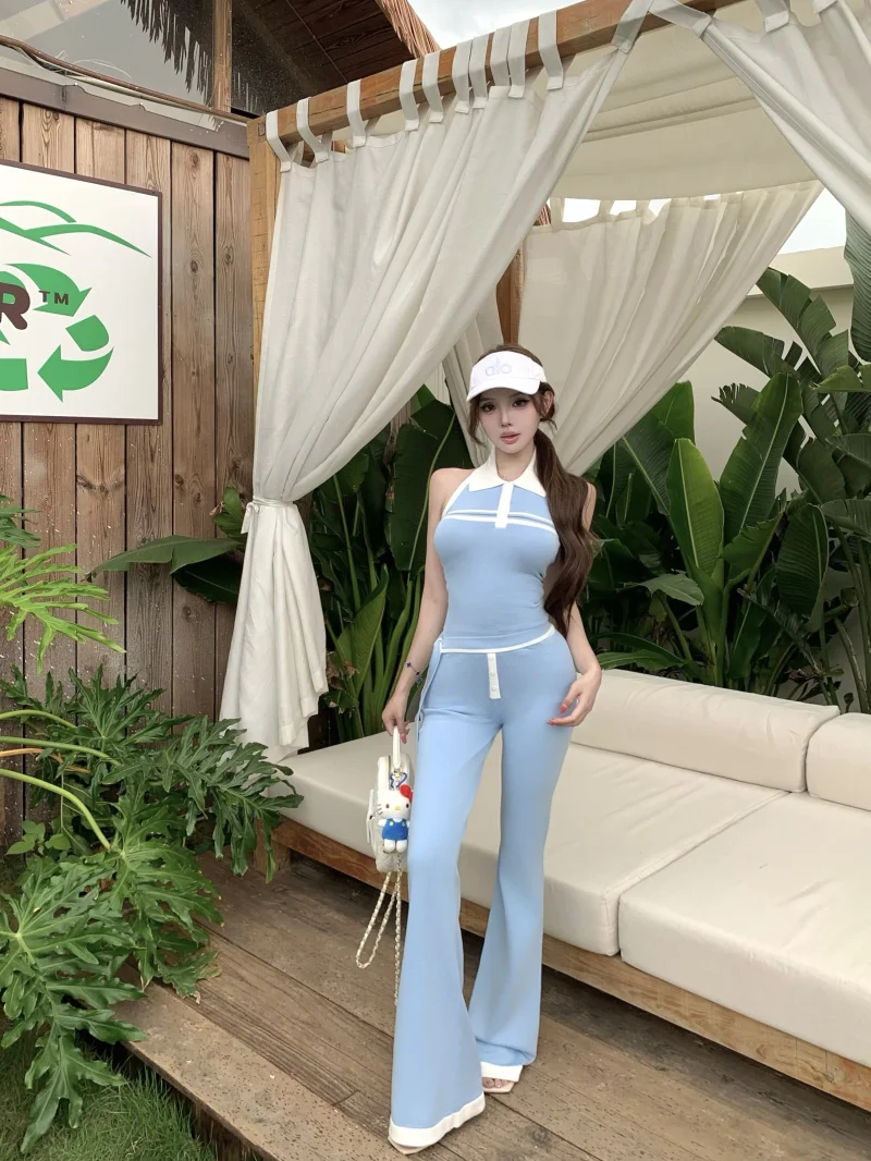 

Kumikumi Women's Knitted Vest Top And Flared Pants Two-Piece Set Summer Casual High Waist Polyester Fiber Commute Style