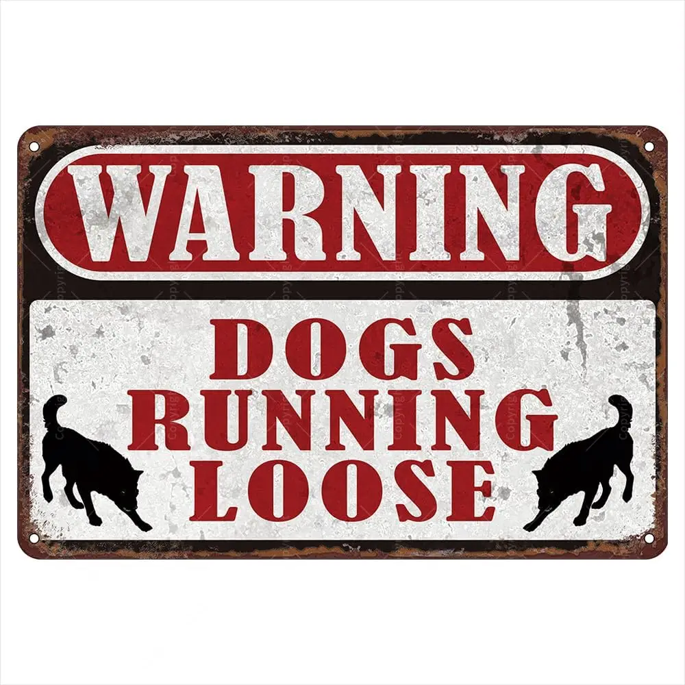 Sinal de lata vintage 8 "x 12" - "Avição: cães correndo soltos" - Sinais de estanho Decoração vintage para casas, jardins e pátios