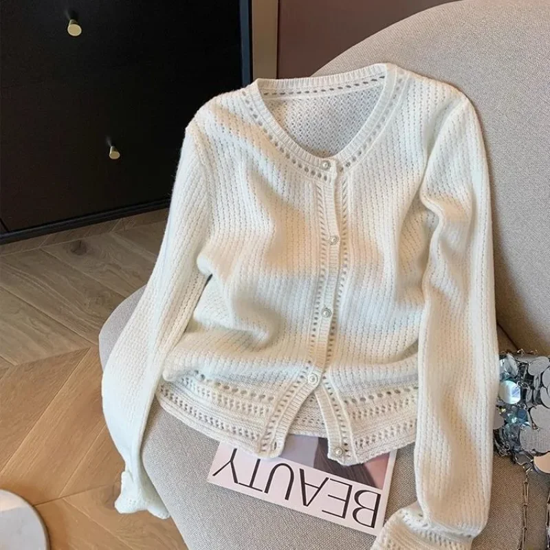 

White Hollow Knitted Cardigan Women's 2025 Autumn New Gentle and Western Style Round Neck Sweater Coat