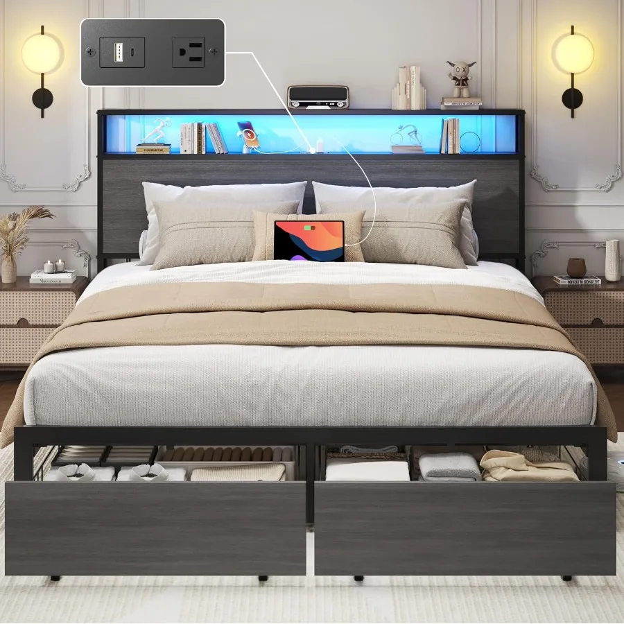 Queen Bed Frame with 2-Tier Storage Headboard for Modern Bedrooms: Metal Construction with Hidden Storage Drawers Built-in USB