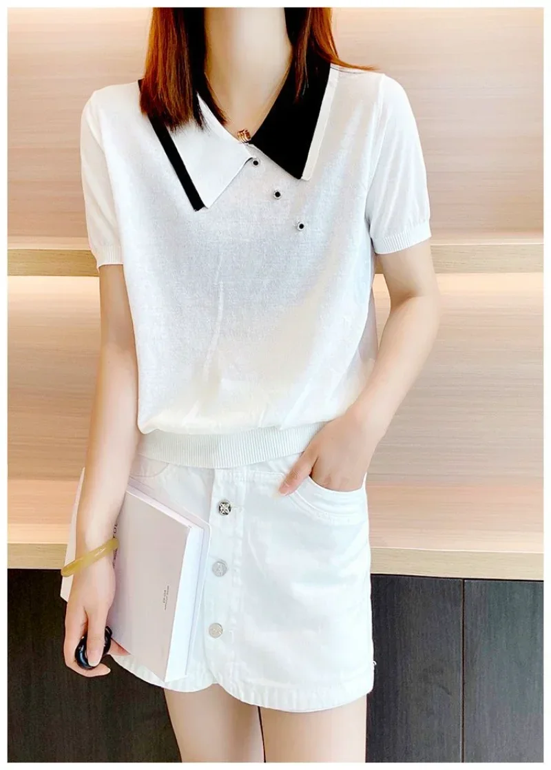 Black Clothing Polo Neck Shirts For Women T-shirt Woman Button Tops Short Sleeve Tee White Offer Trend Popular Youth Aesthetic V