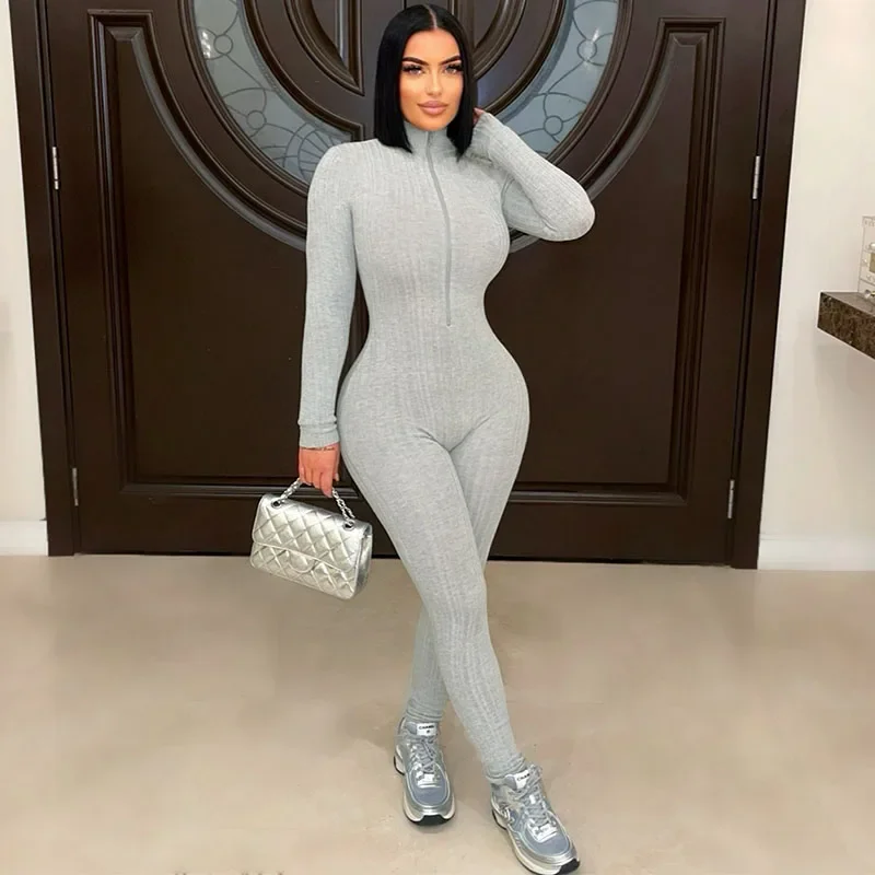 

Doyerl однотонные повседневные комбинезоны женский комбинезон с длинным рукавом на молнии водолазка узкие эластичные цельные комбинезоны спортивная повседневная одежда