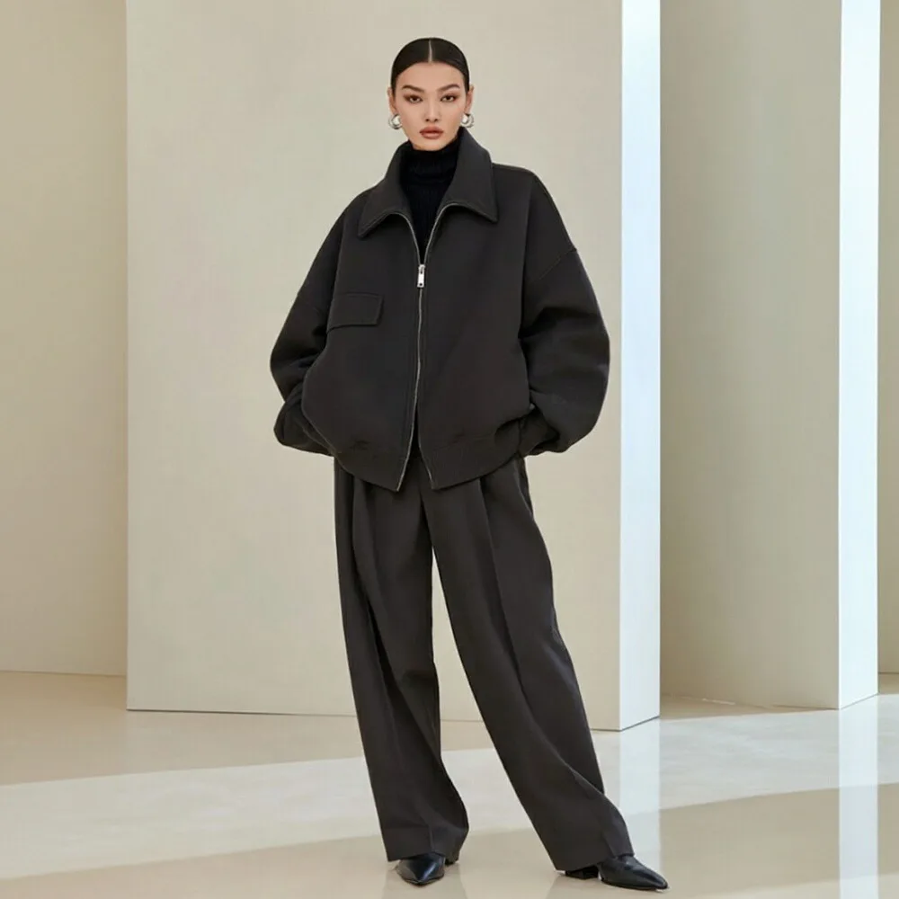 

Casual Style Autumn Winter Jacket Turn-down Collar No Decoration Women's Topwear Fashionable Outerwear for Seasons Change