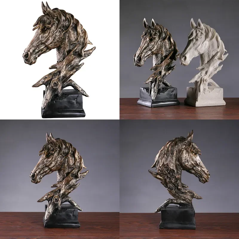 Large Retro Resin Horse Head Sculpture Sandstone Style Statue for Living Room TV Cabinet Office Home Decor Ornament