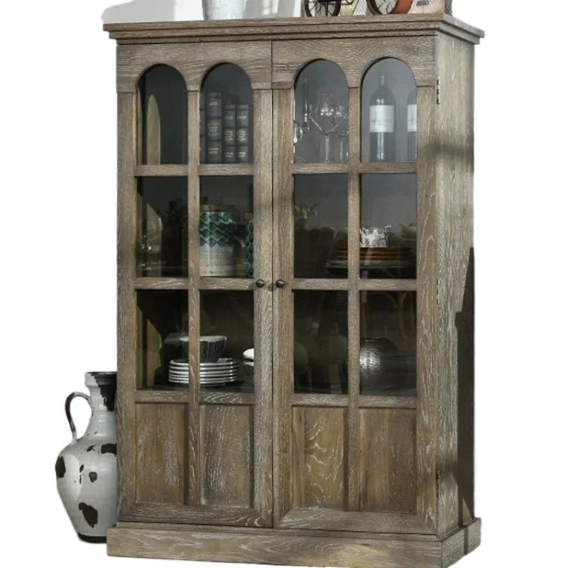 

American solid wood retro living room storage cabinet European bookcase display French old dining side cabinet antique