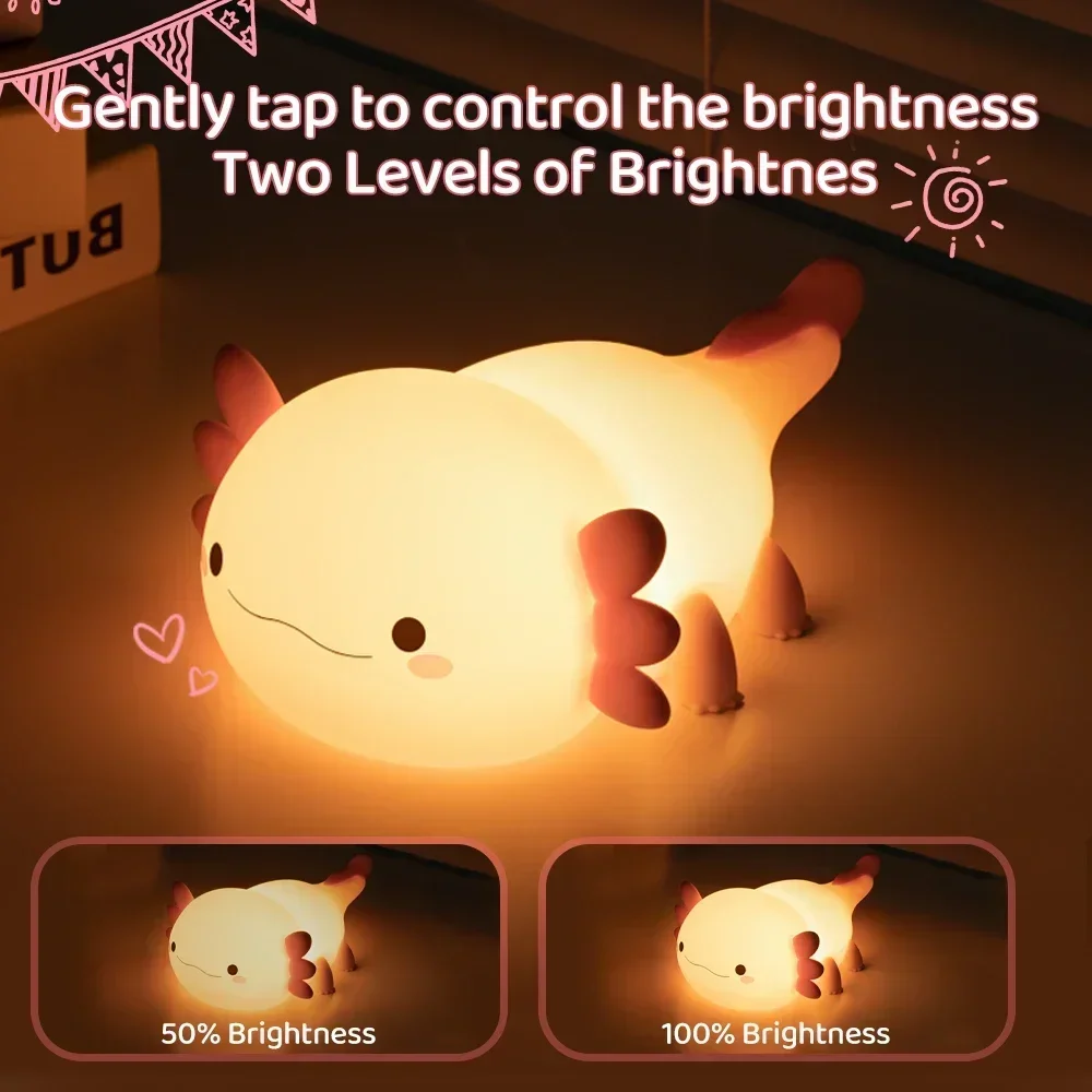 LED Axolotl Night Light Silicone Nursery Sleeping Lamps Touch Control USB Rechargeable Table Lamp for Baby Child Nightlights