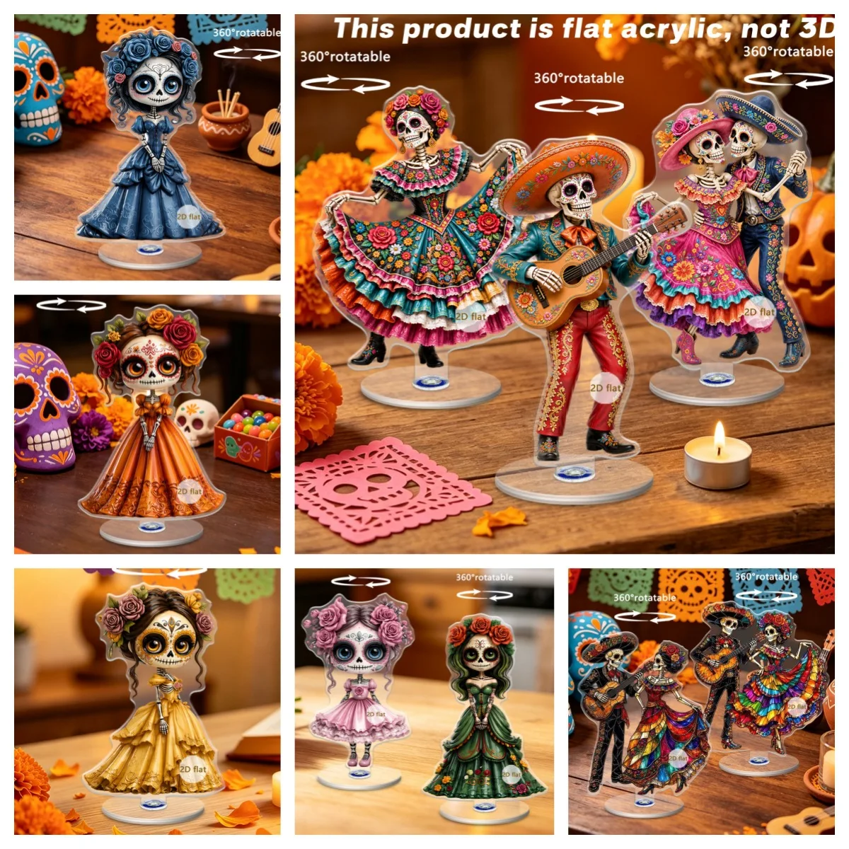360° Rotating Acrylic Sugar Skull Tabletop Decor, Mexican Dia De Los Muertos Calavera Ornament, Colorful Floral Skull Display