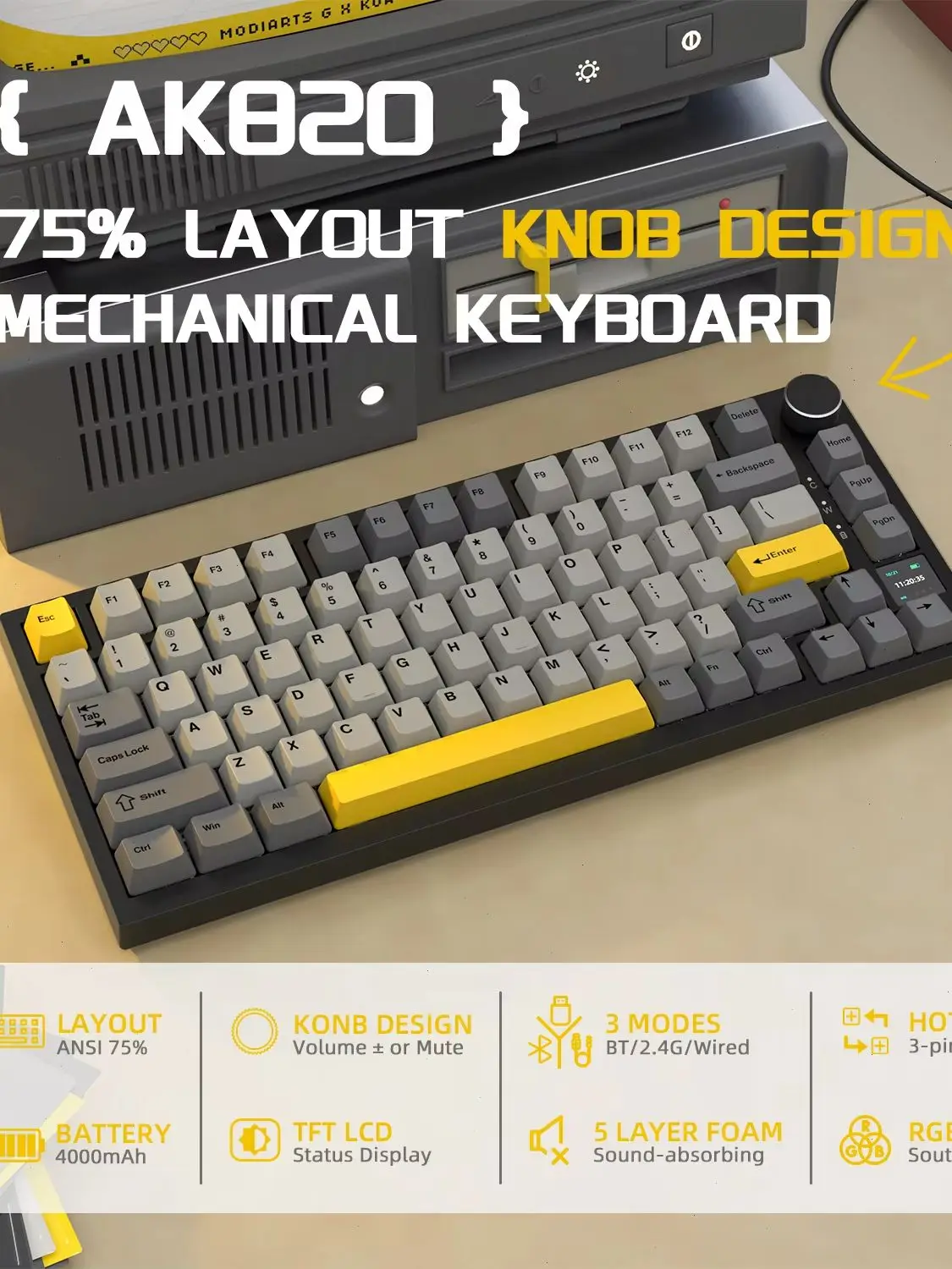 AJAZZ AK820 PRO Mechanische Tastatur mit TFT Smart Display & Drehregler, 2,4G Wireless/BT5.1/USB-C Kabelgebunden, 75% ANSI-Layout, 5 Schallabsorbierende Schaumstoffe, Hot-Swap Linear Switch,