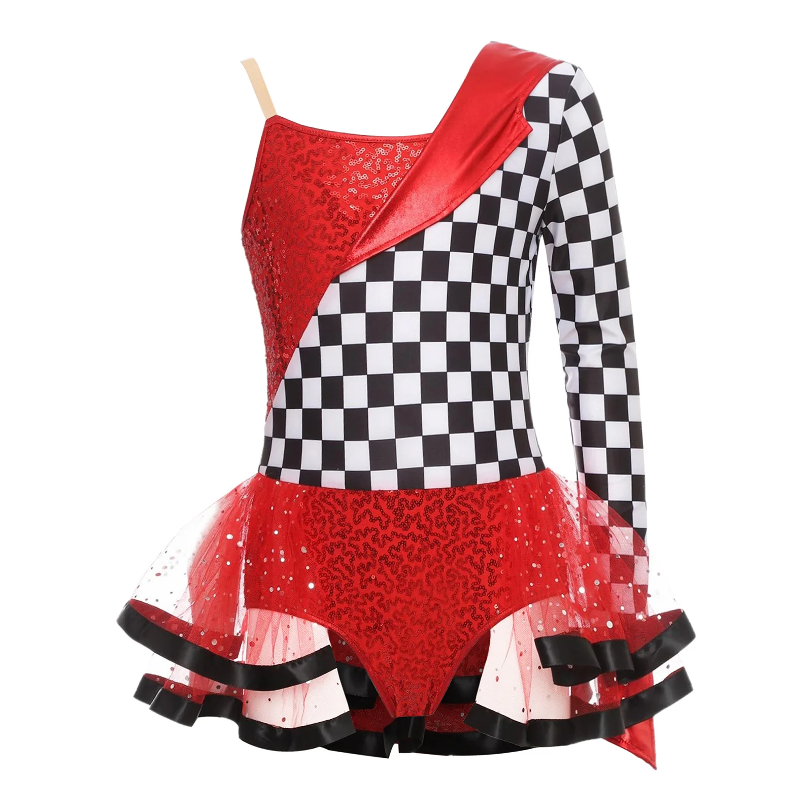 

Kids Girls Sequins Racer Car Driver Bodysuit One Shoulder Single Sleeve Checkerboard Tutu Dress Halloween Fancy Dress-up Costume