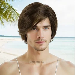 Synthetic Hair Short Brown Wig with Side Bangs for Men Male Natural Hairstyles Fashion Man Daily Wigs Cosplay Halloween Costume