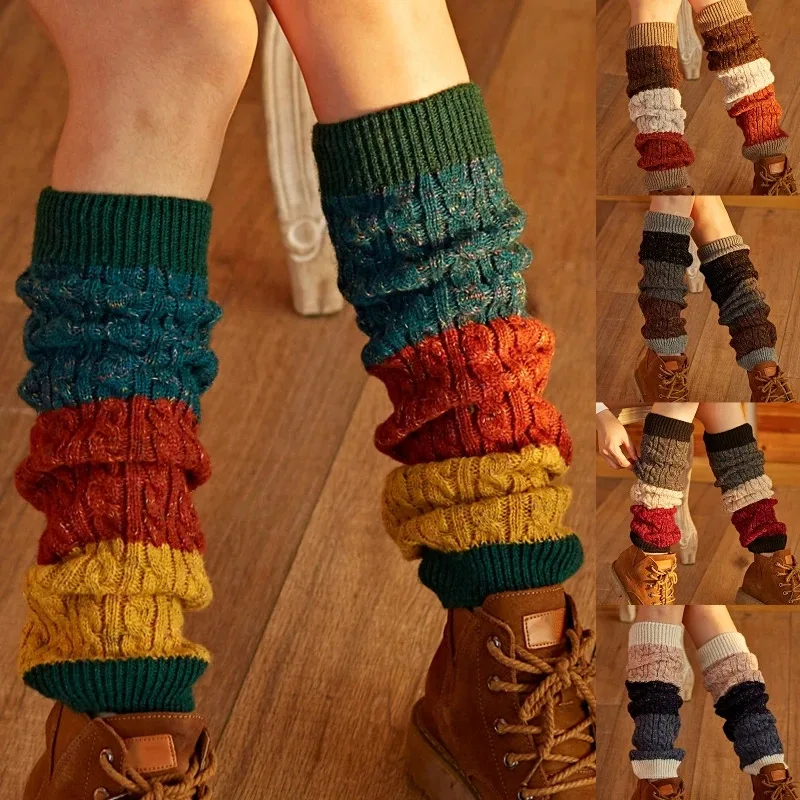 

Women Winter Twist Cable Knit Leg Warmers Triple Colorblock Stitching Boot Cuffs Cover Faux Wool Warm Over Knee Socks