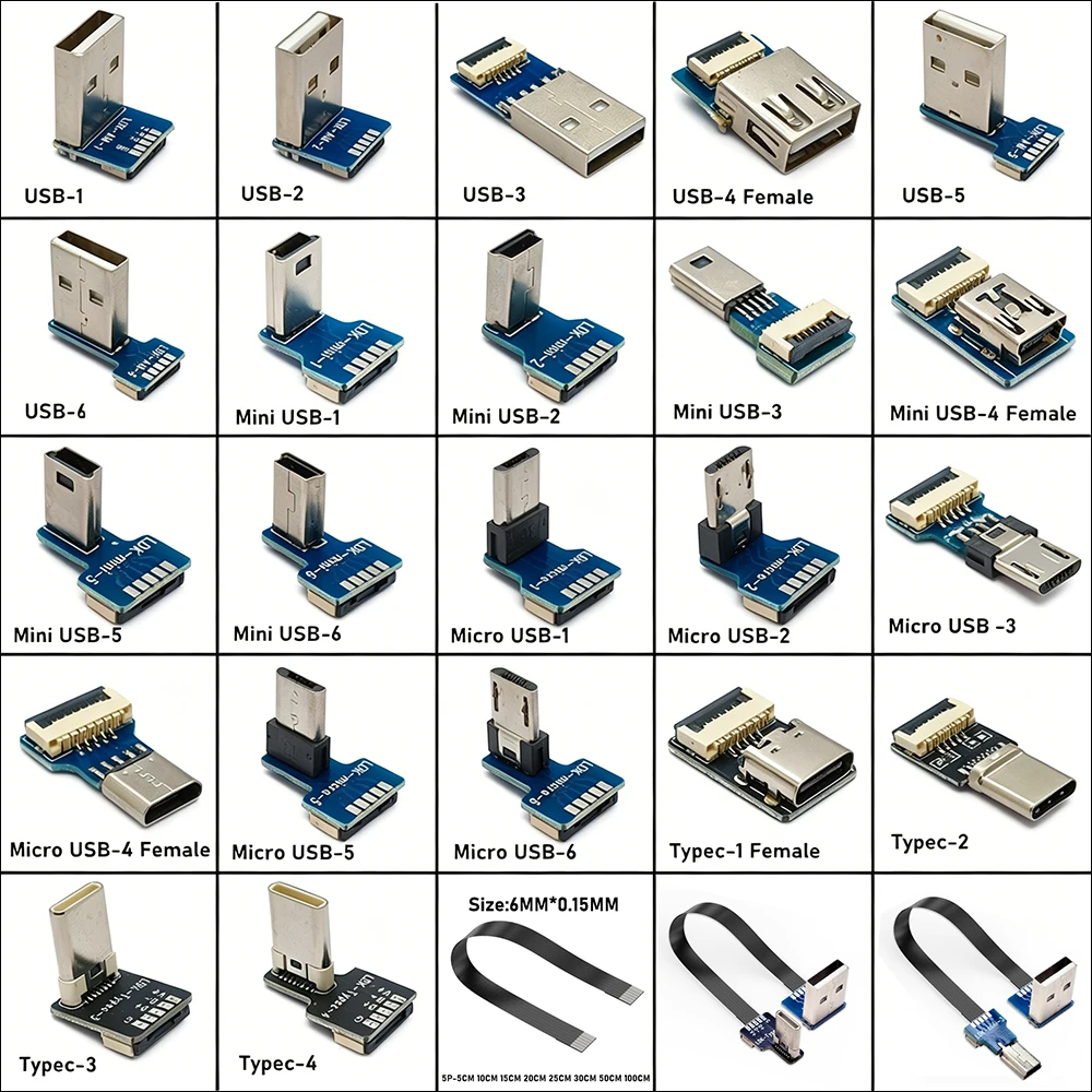 1PCS FFC Mini Micro USB Extension Type-C Ribbon Cable 90 FPV Slim Flat Soft Flexible FPC Charge Connector Head USB2.0