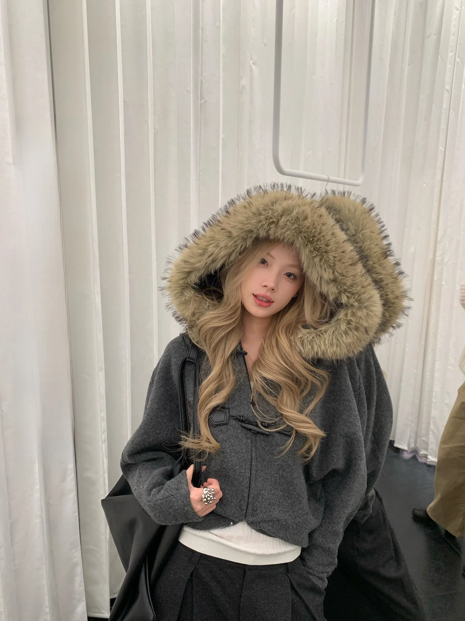 

Winter ort Coat Women's Hooded Jaet Batwing Sve Fur Collar Casual Sle Thiened Polyester Blend Outerwear