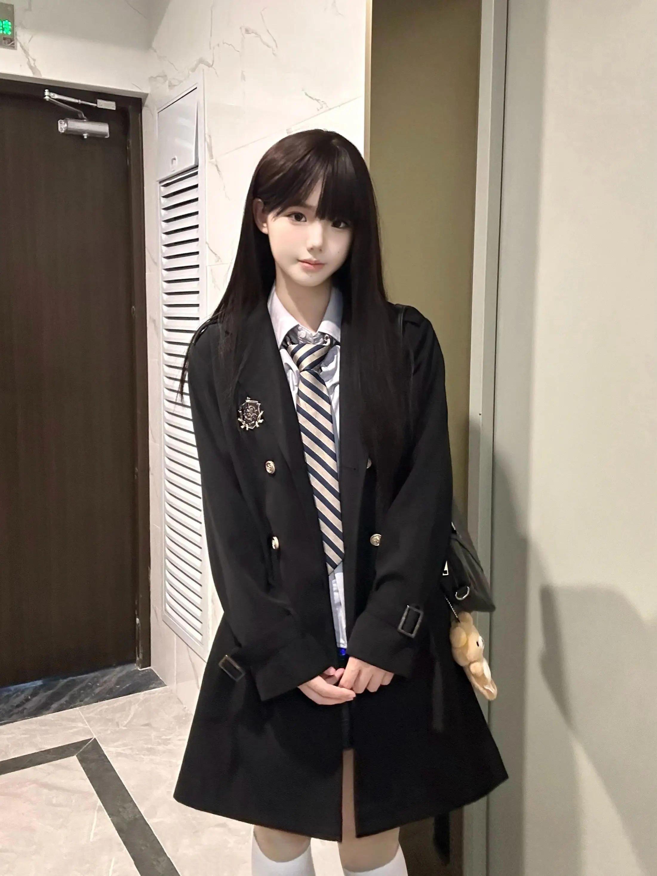Cherry JK Korean Style Short Coat Double Row Buttons Medium Long Commuter Polyester Fiber Women's Jacket Autumn Season