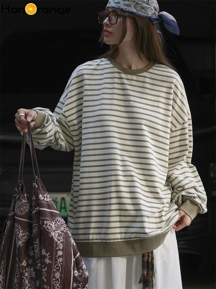 HanOrange 2026 Early Autumn Loose Clash Collar Striped Long Sleeve T-shirt Women Casual Versatile Top Tees Red/Bean Green