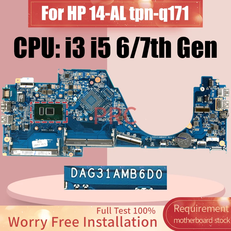 

For HP 14-AL tpn-q171 Laptop Motherboard DAG31AMB6D0 I3-7100U I5-6200U I5-7200U 855830-601 903704-601 Notebook Mainboard