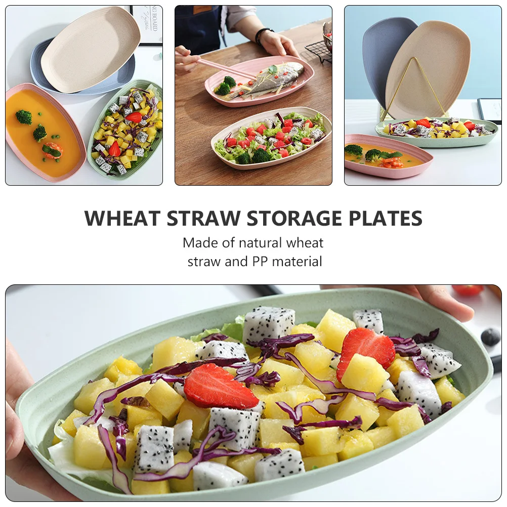 

4Pcs Wheat Straw Oval Fruit Plates Reusable Food Storage Plates for Home Restaurant Hotel Serving Dessert Snacks