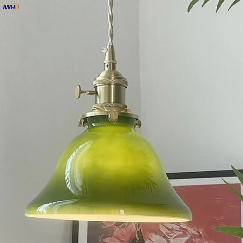 IWHD Vintage Green LED Pendant Lights Balcony Coffee Living Room E27 Knob Switch Kitchen Light Fixture Home Decor Hanging Lamps