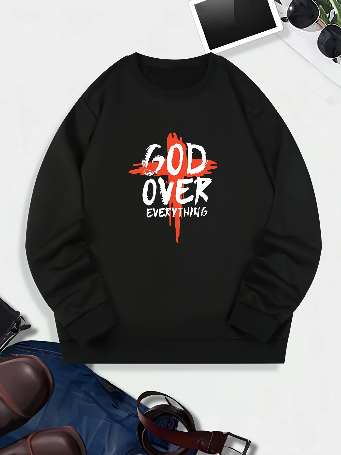 

God Over Everything" Men's Casual Long Sleeve Sweatshirt - Comfy Polyester, Machine Washable