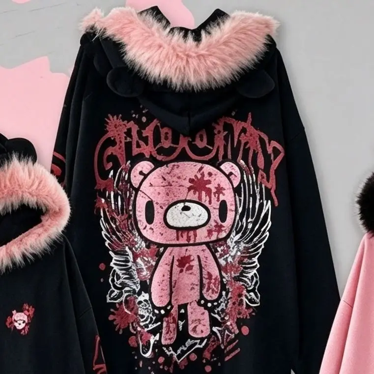 Gothic Kawaii Jirai Kei Women Distressed Gloomy Bear Print Pink Furry Trim Bear Ear Oversized Zip Hoodie Harajuku Casual Outfit