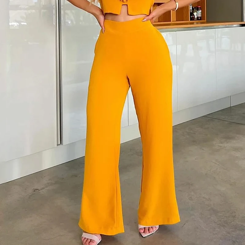 Wefads Two Piece Set Women Summer Casual Solid Round Neck Sleeveless High Waist Hollow Zipper Top Loose Pant Sets Streetwear