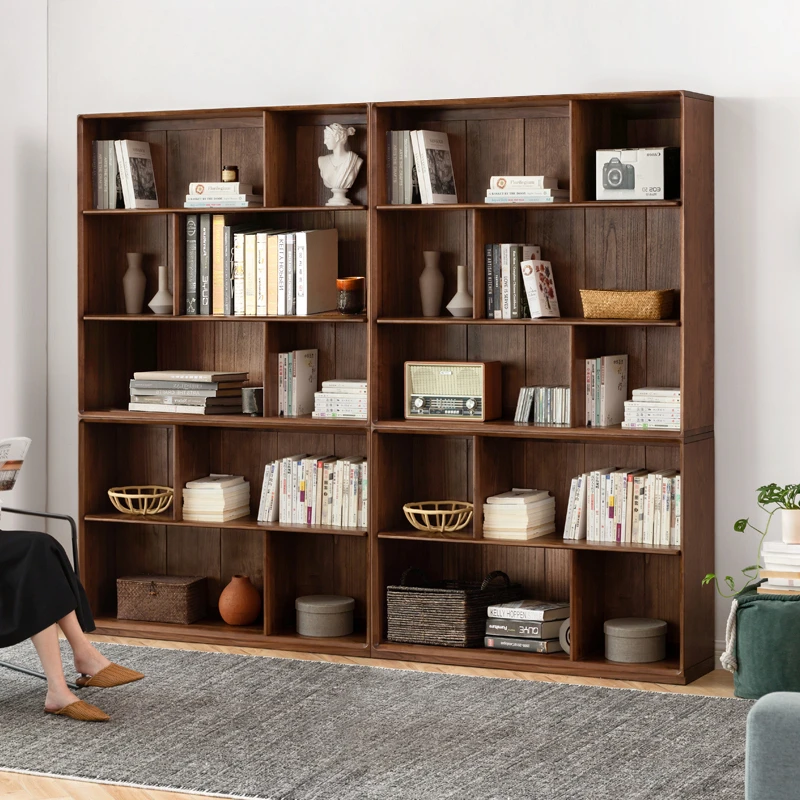 

Solid wood simple floor-to-ceiling low cabinet multi-layer shelf against the wall black walnut bookcase