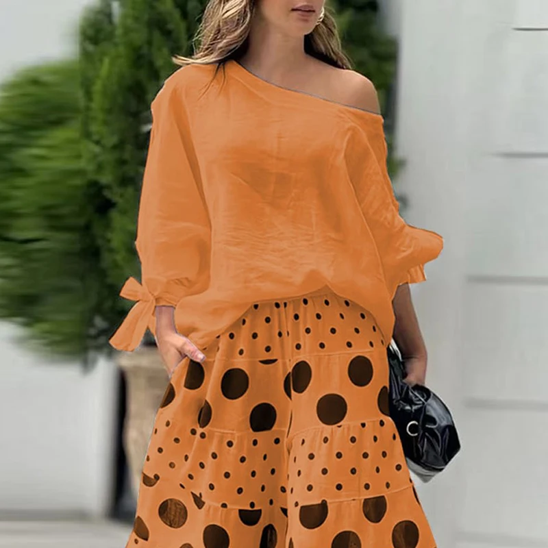 Women Fashion Polka Dot Print Office Set Fall Long Sleeve 2pcs Loose Suit Spring One Shoulder Blouse Top&Wide Leg Pants Outfits