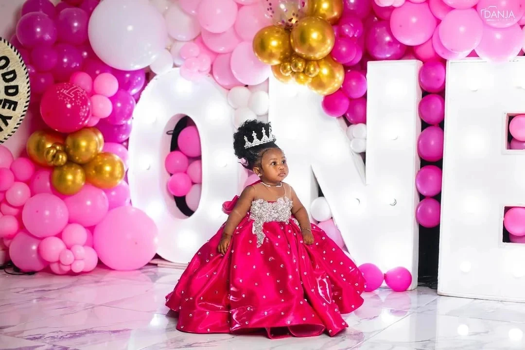 

Customized Flower Girl Dress For Wedding Satin Rose Pink Floor Length Puffy Kids Birthday Ball Princess First Communion Gowns